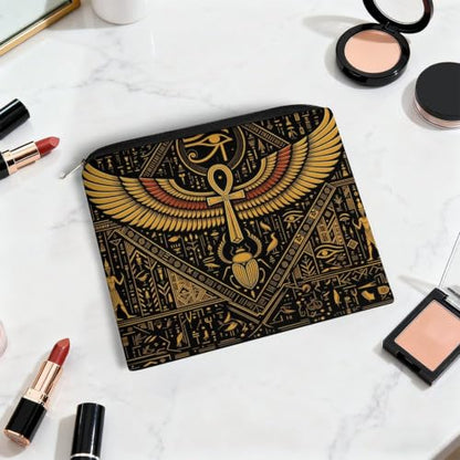 Egyptian Symbols Golden Hieroglyphic Makeup Bag for Women, Cosmetic Pouch Travel Toiletry Organizer Bag 8.9"x6.5" Polyester - color: Egyptian Symbols Golden Hieroglyphic