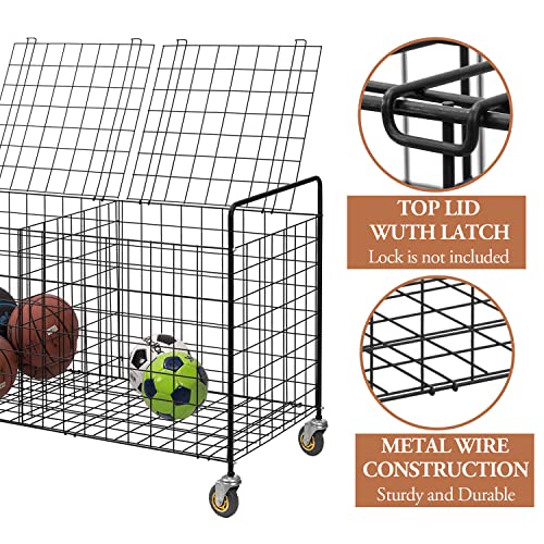 MyGift X-Large Capacity Black Metal Sports Ball Storage Rolling Cart | Gym Balls and Equipment Cart with 2 Compartments, Lock Latch & Heavy-Duty Locking Caster Wheels