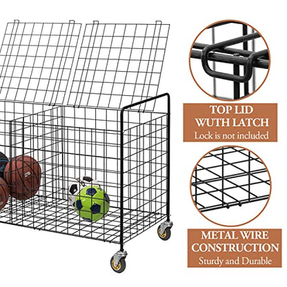 MyGift X-Large Capacity Black Metal Sports Ball Storage Rolling Cart | Gym Balls and Equipment Cart with 2 Compartments, Lock Latch & Heavy-Duty Locking Caster Wheels