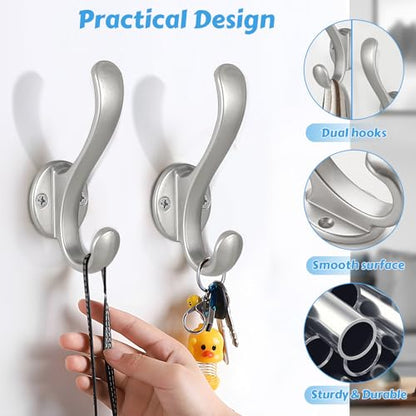 8 Pack Coat Hooks Wall Mount Heavy Duty Utility Retro Double Hooks for Hanging Coats,Hat, Towel, Key, Robe, Scarf, Bag, Cap (Silver) - color: 8 Pack-Silver