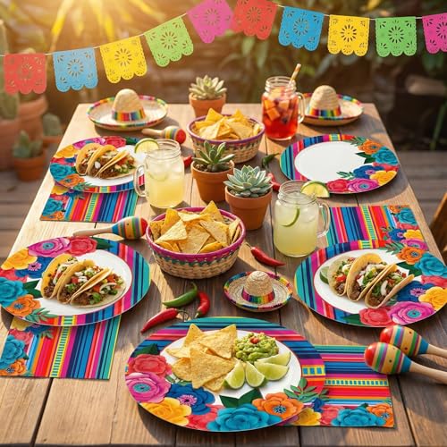 Dereinwo 50 Pcs Fiesta Large 12" x 10" Oval Paper Plates and Napkins Disposable Heavy Duty Paper Plates and Napkins for Cinco De Mayo Party Supplies - style: Cinco De Mayo