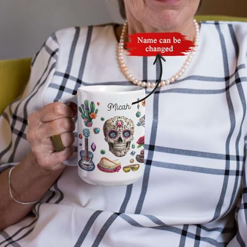 Personalized Name Ceramic Cup, Custom Artistic Skull Coffee Mug, Customized Mexican Inspired Full Wrap Cup, Vibrant Floral And Cactus White Cup 11oz 15oz, Gift For Friends Family - color: XUA-1124-3659-Mexican Holiday Mug