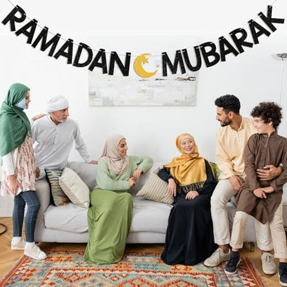 Ramadan Mubarak Banner - Eid Festival Muslim Islam Party Decoration, Ramadan Kareem Decor, Ramadan Banner with Moon and Star for Islamic Eid Decoration Black Glitter