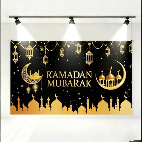 KYMY Ramadan Mubarak Backdrop – Muslim Ramadan Kareem Polyester Banner 70.9 x 43.3 Inch, Islamic Crescent Moon Star Lantern Mosque Photography Background for Eid al-Fitr Indoor Outdoor Decor - color: Gold