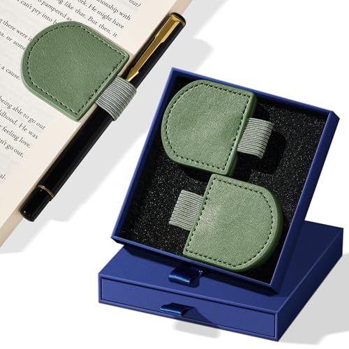 2-Pack PU Leather Magnetic Bookmarks with Pen Holder, Green - color: Round-green
