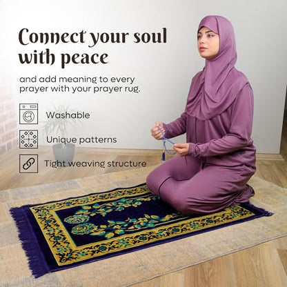 Muslim Prayer Rug, Soft Plush Thin Islamic Prayer Mat, Janamaz, Sajada, Praying Carpet, Islamic Gift for Men & Women, Islamic Mat, Eid & Ramadan Gift with Prayer Beads, 26x43 inch, Blue - color: Tabuk / Royal Blue