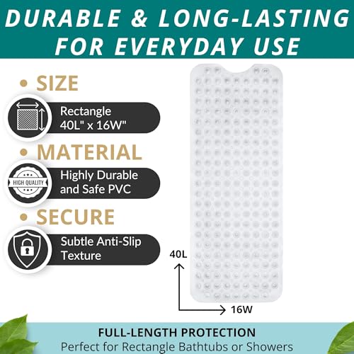 ENKOSI Non-Slip Bath & Shower Mat 40x16 Extra Long, Suction & Drain Holes | Clear look; Durable PVC; 40x16 in, Clear - color: Clear