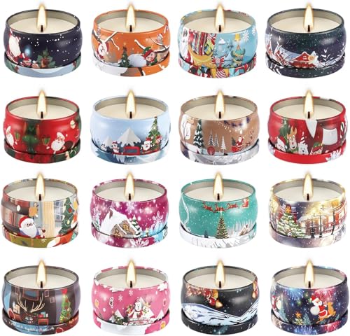 WPONSZU 16Pack Christmas Scented Candles, Gift Set 2.5oz Strong Fragrance Aromatherapy Candles,Portable Travel Tin Jar Candles Gifts for Home Scented Decoration Valentine'sDay - color: 16christmas
