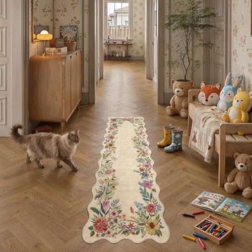 2x6 Floral Beige Scalloped Runner Rug - color: Beige, size: 2' x 6' (Scalloped)
