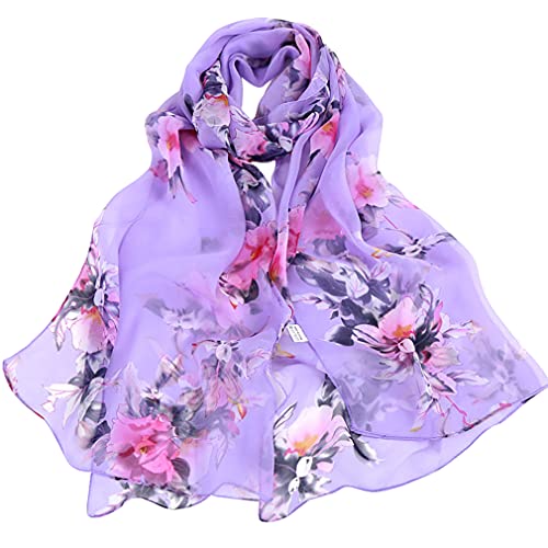 E-Clover Women Soft Floral Print Shawl Chiffon Sheer Scarf - color: Purple Floral-216