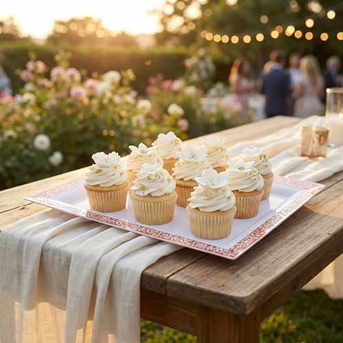 Yumchikel-Plastic Serving Tray & Platter Set (4pk) White & Rose Gold Lace Disposable Party Trays & Platters for Food - Weddings, Dessert Table, Cupcake Display -14"x7.5" inches - color: White Rose Gold Lace, size: 4 Pack
