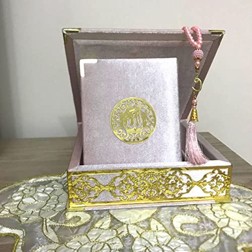 Velvet Covered Quran and Pearl Tasbih in Wooden Decorative Box | Gift Islamic Set Birthday, Wedding Muslim Eid Ramadan (Pink) - color: Pink