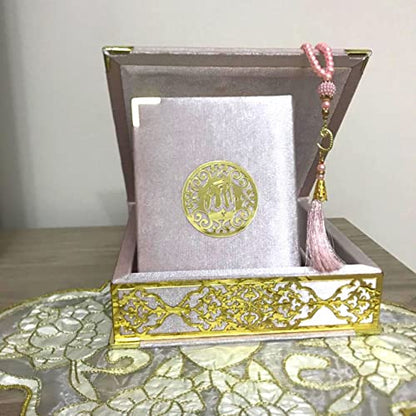 Velvet Covered Quran and Pearl Tasbih in Wooden Decorative Box | Gift Islamic Set Birthday, Wedding Muslim Eid Ramadan (Pink) - color: Pink