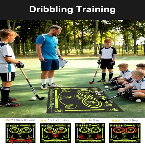 Hockey Training Equipment, Non-Slip Dribbling Training Mat, Field Trainer | Hockey Field Trainer, Practice Aids to Improve Speed, Ball Control and Coordination, Includes Resistance Bands and Cones - size: 35"*59"