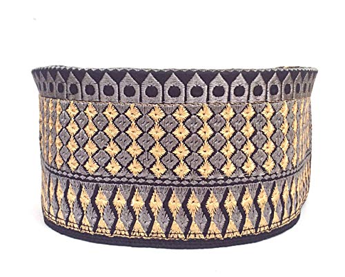 Kufi Men's Unisex Skull Cap Broad Strap Solid Hat with Hand Embroidery Kufi Caps Knitted Beanie Summer Headwear Long Hats - color: Black Golden, size: X-Large