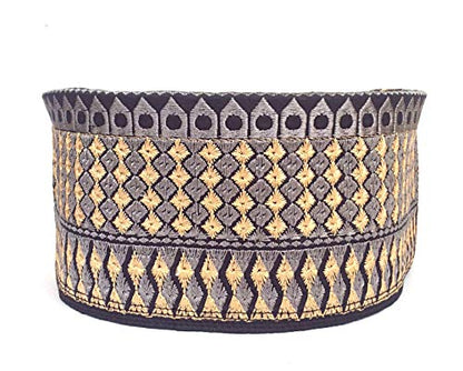 Kufi Men's Unisex Skull Cap Broad Strap Solid Hat with Hand Embroidery Kufi Caps Knitted Beanie Summer Headwear Long Hats - color: Black Golden, size: X-Large