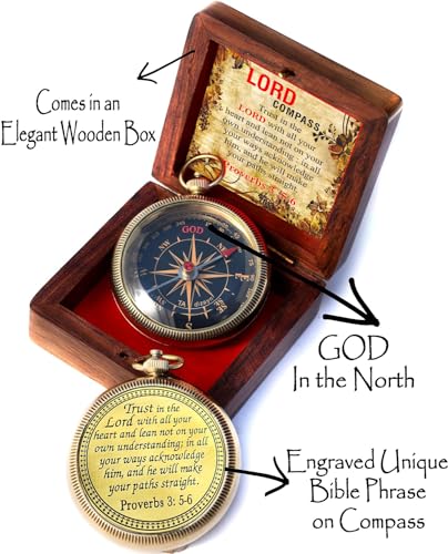 Trust in The Lord With All Your Heart - Proverbs 3:5-6 Quote Engraved Compass With Wooden Box, Greeting Card, Gift Compass, Graduation Day Gifts 2024 for Women Men Boys Girls - style: #3 Trust in The Lord Compass -Proverbs 3: 5-6