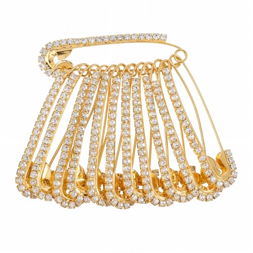12 PCS Fancy Safety Pins, Rhinestone Gold and Sliver Safety Pins Large, Decorative Brooch Pins for Clothing, Women Crystal Brooch Pin for Clothes Hats Shawl - color: Gold