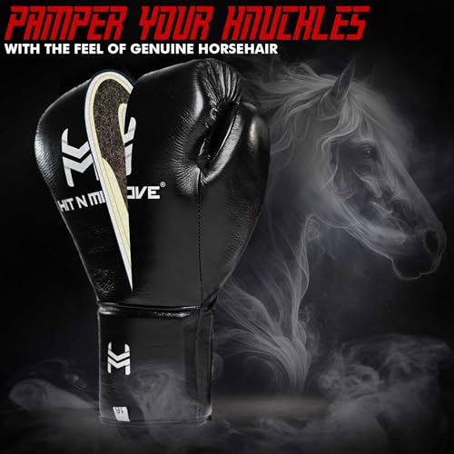 HIT N MOVE Süvari Horsehair Boxing Gloves Hook and Loop, Lace-Up Boxing Gloves Men, Boxing Equipment, MMA Gloves Men, UFC Gloves Horsehair and 100% Cow Leather - size: 14 Oz, style: Hook and Loop BLACK