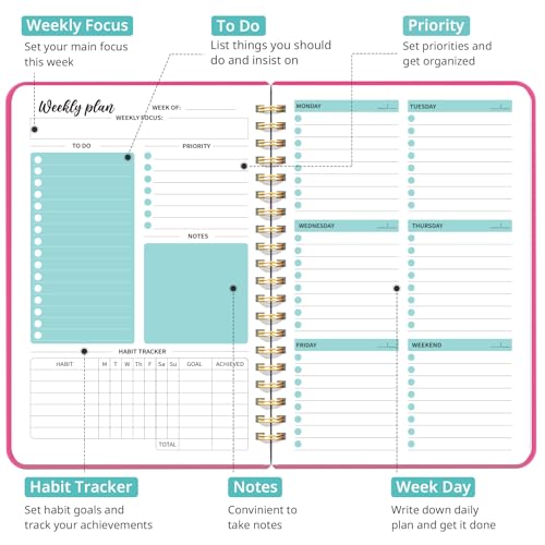 Taja Undated Weekly Planner, Weekly To Do List Notebook with Goal & Habit Tracker Organizer, A5 Weekly Planner Notebook with Spiral Binding, 6.1" x 8.2" - Berry Pink - color: r.Berry Pink
