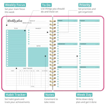 Taja Undated Weekly Planner, Weekly To Do List Notebook with Goal & Habit Tracker Organizer, A5 Weekly Planner Notebook with Spiral Binding, 6.1" x 8.2" - Berry Pink - color: r.Berry Pink