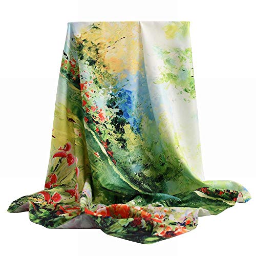 100% Mulberry Silk Scarf-Printed or Solid Color 35” Square Large Silk Hair Head Wrap Scarf With Gift Box Package - color: F Pattern: Beautiful Natural Scenery