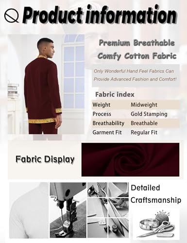 Mens African 2 Piece Set Nigerian Dashiki Metallic Traditional Suit Gold Stamp Printed Shirt and Pants Outfit - color: Wine Red, size: XX-Large