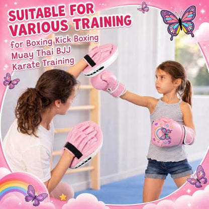 Boxing Gloves and Punching Mitts Set 4oz Gloves Boxing Pads Kids Youth Sparring Gear Training Equipment for Taekwondo Kick Karate Muay Thai MMA Martial Art - style: Pink Butterfly