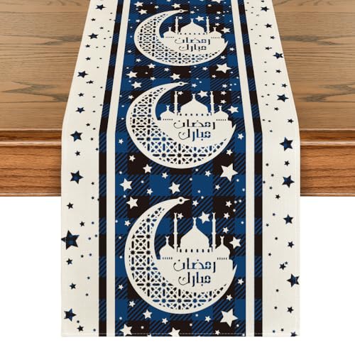 Artoid Mode Blue Black Plaid Moon Castle Stars Ramadan Table Runner, Seasonal Kitchen Dining Table Decoration for Home Party Decor 13x72 Inch