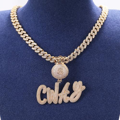 Lulu Mel Iced Out Personalized Cursive Name Necklace For Trendy Women, Custom Handmade Nameplate Pendant With Cuban Link Chain, White Gold Plated Hip Hop CZ Diamond Jewelry Gifts - color: Gold/Money Bag Bail