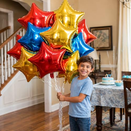 Blue Red Gold Foil Balloons Star 12 Pcs, 18 Inch Large Metallic Royal Blue Red and Chrome Yellow Star Shaped Helium Balloons for Kids Birthday Soccer Sport Themed Graduation Baby Shower Fathers Day - color: Blue Red Gold