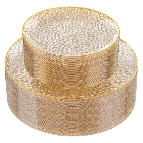 Rubtlamp 60Pcs Clear Gold Plastic Plates, Gold Glitter Disposable Plates, Hammered Plastic Plates Included 30 Dinner Plate And 30 Dessert Plates for Party - color: Gold Glitter