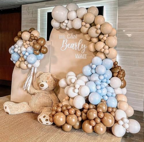 Blue Brown Nude Balloon Garland Double Stuffed Dusty Blue Coffee Pastel Balloon Kit for Teddy Bear Baby Shower Boy Birthday Gender Reveal Boho Theme Party Decorations - color: Blue Brown