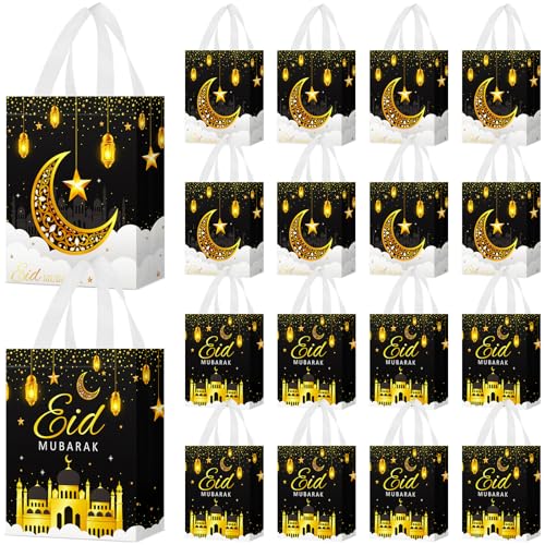 Locmeo Eid Mubarak 재사용 가능한 선물 가방 손잡이 포함 24개 - 부직포 Al Fitr 무슬림 간식 가방 다기능 라마단 무바라크 파티 용품 선물 포장 (블랙) - color: 블랙.