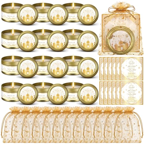 MTLEE 12 Sets Ramadan Gifts Eid Al Adha Islamic Muslim Candles with Organza Bag and Cards Eid Candles Allah Arabic Favors Ramadan Party Supplies Gifts for Muslim Islam Festival Holiday Decor(Gold) - color: Gold