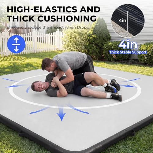 Wrestling Mat Inflatable 10x10 FT Flodable Jiu Jitsu Mats Portable 4” for Home Training, BJJ, MMA, Grappling, Judo, Martial Art, Boxing Indoor Outdoor