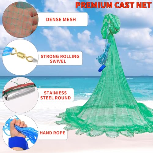 Saltwater Fishing Cast Net Eco-Friendly Rubber Sinker 1/2 Inches Mesh for Bait Shrimp Trap Fish Size 4FT/5FT/6FT/7FT/8FT/9FT/10FT/11FT/12FT Radius - color: green, size: 7ft