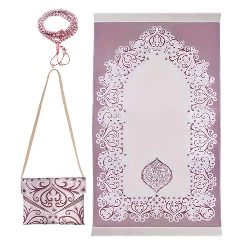 Islamic Prayer Mat with Beads and Compact Bag, Portable Travel Mat for Eid Ramadan Gifts for Women Men