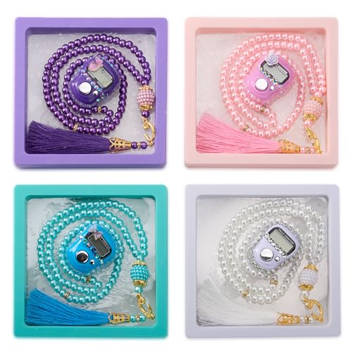 INSYOHO Islamic Prayer Beads & Glitter Tasbeeh Counter 4 Pack - Digital Finger Counter, Muslim Tasbih for Dhikr Meditation Ramadan, Elegant Islamic Gift - color: Pink + White + Sky Blue + Purple