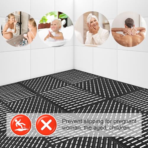 MYFAMIREA Modular Interlocking Cushion 12 Pack 11.8" x 11.8" Rubber Floor Tiles Non-Slip Splicing Drainage Mats for Deck, Pool, Shower, Patio, Balcony, Bathroom, Kitchen, Yard (2 Rows Dots, Black) - size: 12 PCS-2 Rows Dots