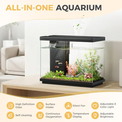2.2 Gallon Small Fish Tank, Betta Fish Aquariums Black | with 4-in-1 Filter Pump, LED Light, Temperature Display, Fan & Surface Intake Design, for Home Office, Beginner Friendly