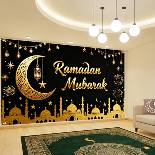 Nuxovilar 라마단 무바라크 초승달 랜턴 그린 배너 폴리에스터 109.2 x 180cm(43 x 71인치) - 가정, 모스크, 야외 장식용 라마단 배너 - color: Ri50581