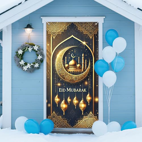 IVN Eid Mubarak Golden Mosque Door Cover 71 x 35 Inches Gold Front Door Banner Crescent Moon Islamic Holiday Backdrop Indoor And Outdoor Religious Holiday Decor - color: Eid Mubarak Crescent Lanterns