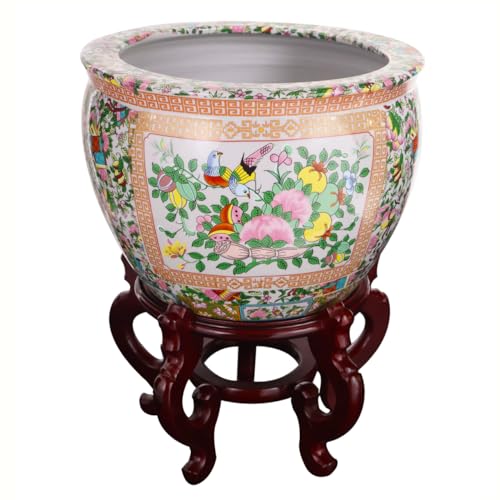 Rose Medallion Asian Fishbowl Cachepot Planter for Indoor or Outdoor Garden