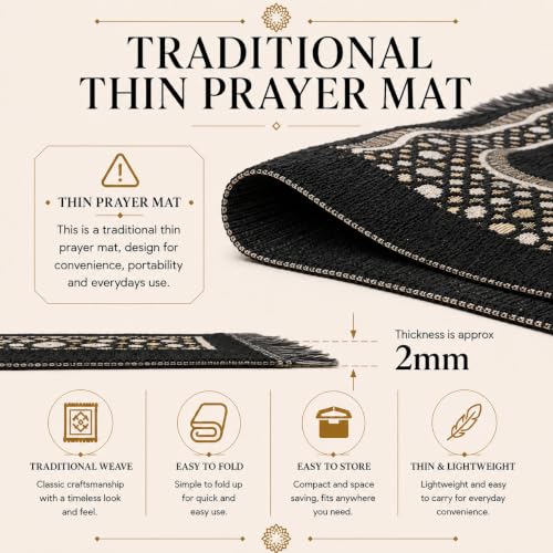 Muslim Thin Chenille Islamic Prayer Mat - Selcuk Star 3 Person (Black) - color: Black