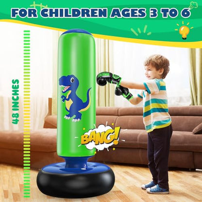 QPAU Inflatable Punching Bag, 48 Inch Stable Inflatable Boxing Bag for 3-6 Kids,Dinosaur Toy & Gifts for Boys and Girls, Kids Boxing Set for Practicing Karate, Taekwondo - color: Dinosaur Blue