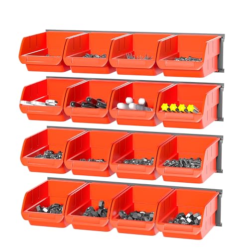 Wall Mounted Storage Bins, Plastic Hanging Storage Organizer Bins | Garage Tool Storage System for Screws, Nuts, Bolts, Nails, and Small Hardware Parts, 16x bins & 4 x Rails, Orange - color: Orange