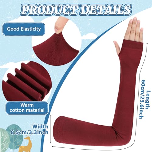 3 Pairs Sun Protection Arm Sleeves 23.6 Inch Long Fingerless Gloves for Women Cotton Arm Wrist Warmer with Thumb Hole - color: Black,dark Gray, Wine Red