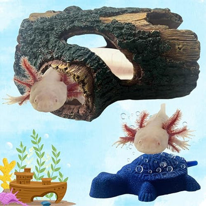 Axolotl Tank Accessories – Hideout Cave & Airstone Bubbler, Aquarium Driftwood-Style Shelter with Air Stone, Fish Tank Decor for Axolotl/Betta (Turtle Air, S)