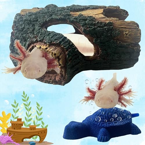Axolotl Tank Accessories – Hideout Cave & Airstone Bubbler, Aquarium Driftwood-Style Shelter with Air Stone, Fish Tank Decor for Axolotl/Betta (Turtle Air, S)
